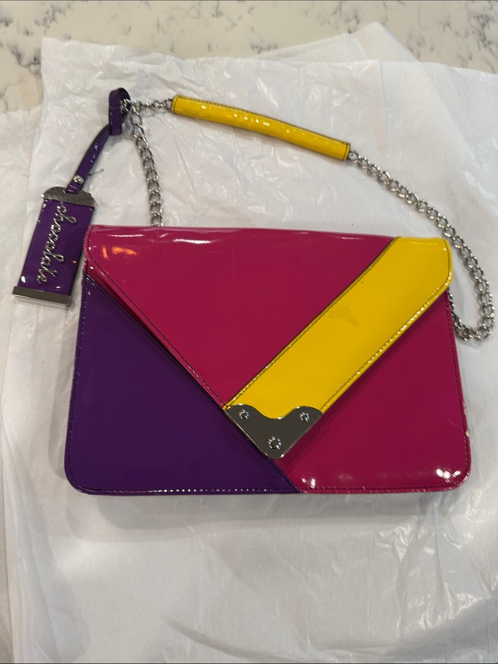 Colorblock Patent Shoulder Bag in Purple Pink Yellow - Designer Style